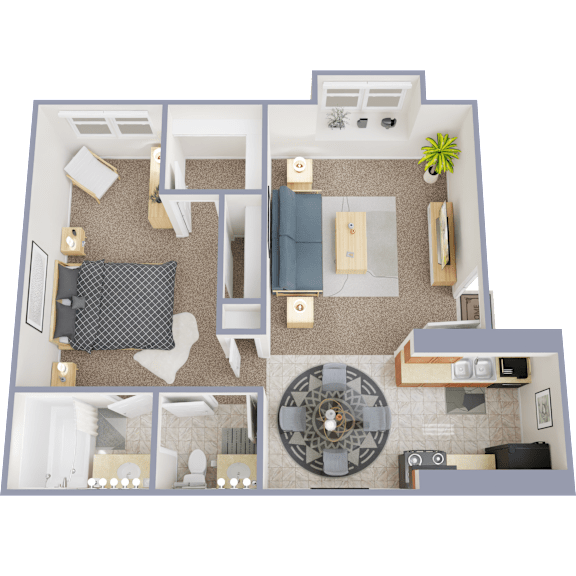 A 3D floor plan of a house showing a living room, kitchen, and bathroom.