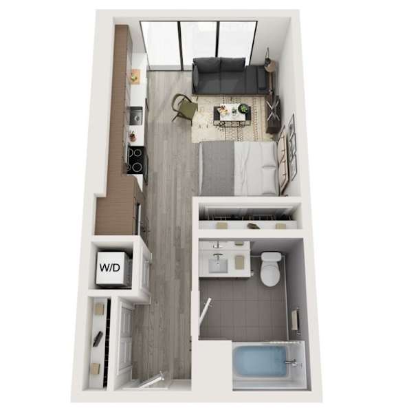 A small apartment with a bathroom and a living room.