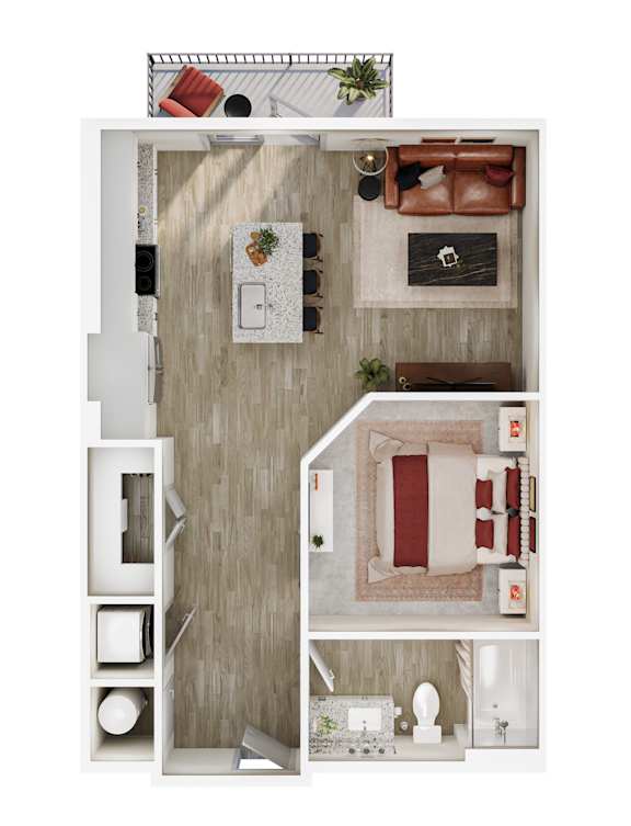 A top-down view of a small apartment with a kitchen, living room, and bathroom.