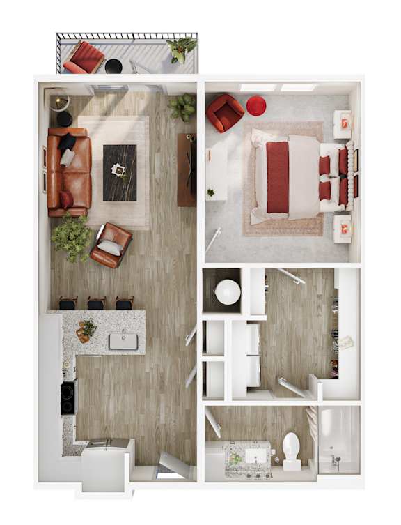 A top-down view of a modern apartment layout with a living room, kitchen, and bathroom.