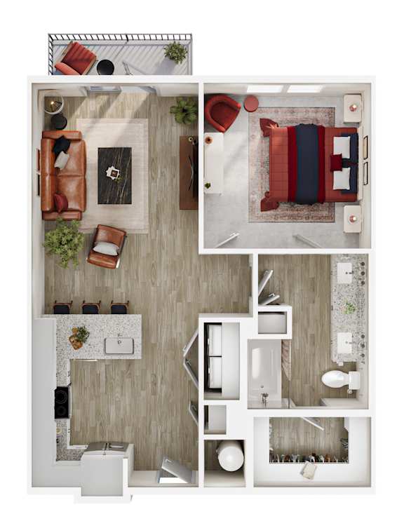 A top-down view of a modern apartment layout with a kitchen, living room, and bedroom.