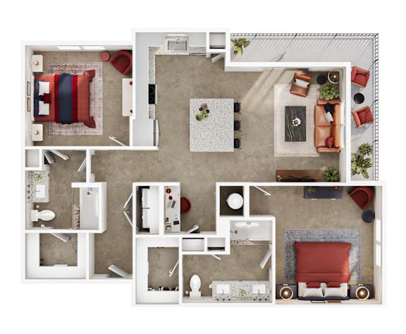A top-down view of a living room, kitchen, and dining area.