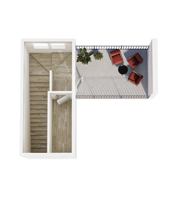 A white room with a staircase and a balcony with chairs and a table.