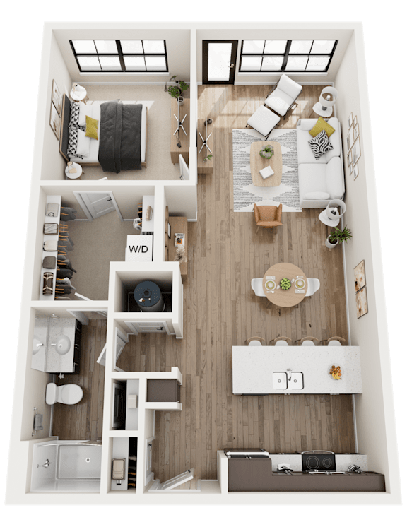 A top-down view of a small apartment with a living room, kitchen, and bedroom.