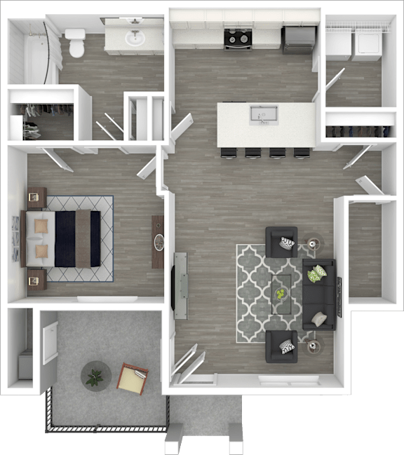 A top-down view of a modern apartment layout with a kitchen, living room, and dining area.