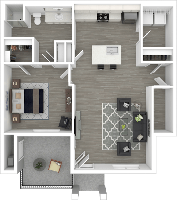 A top-down view of a modern apartment layout with a living room, kitchen, and two bedrooms.