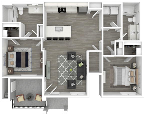 A top-down view of a house layout with a living room, kitchen, and two bedrooms.