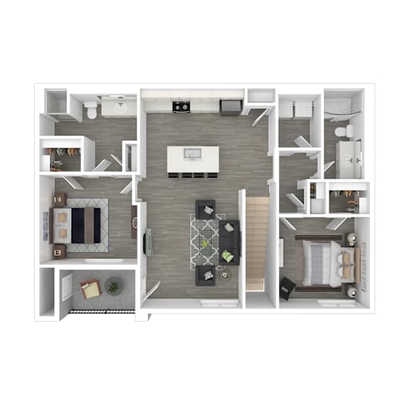 A floor plan of a two-bedroom apartment with a living room, kitchen, and bathroom.