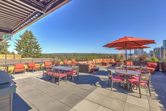 Lux Apartments Bellevue WA Rooftop Lounge with outdoor seating and grills