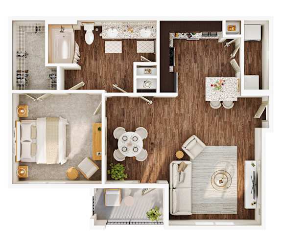 A top-down view of a small apartment layout with a kitchen, living room, and bathroom.