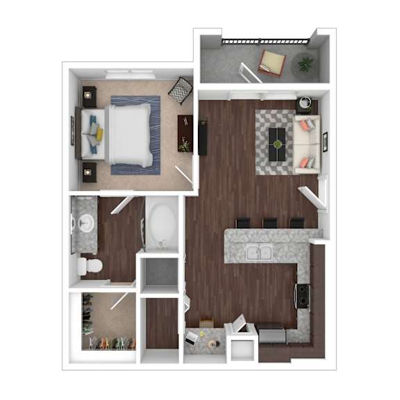 A top-down view of a small apartment with a bedroom, living room, and kitchen.