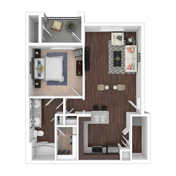 A 3D floor plan of a small apartment with a kitchen, living room, and bathroom.