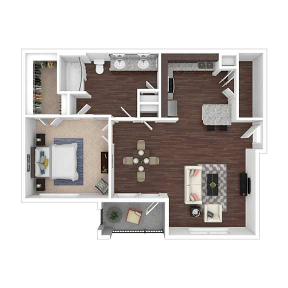 A top-down view of a living room, kitchen, and dining area.