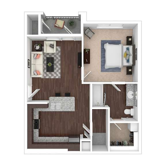 A top-down view of a small apartment with a kitchen, living room, and bedroom.