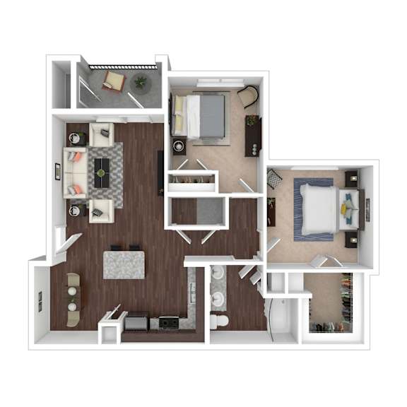 A top-down view of a small apartment layout with a kitchen, living room, and bedroom.