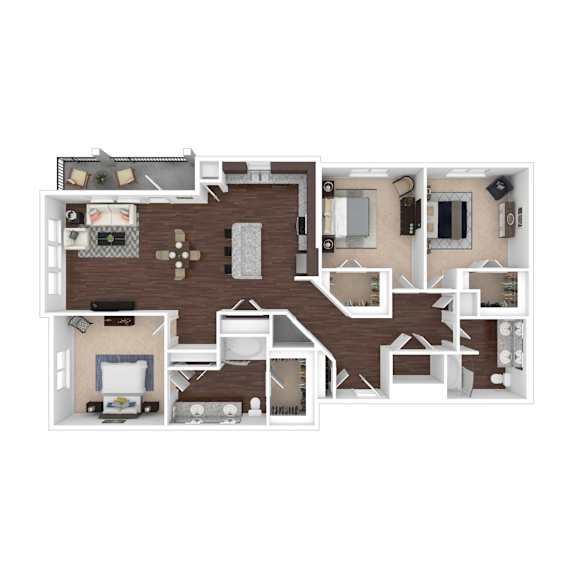 A 3D floor plan of a house with a kitchen, living room, dining room, and bedrooms.