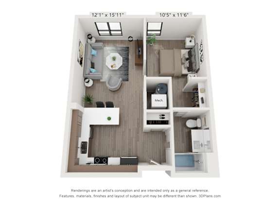 A 3D floor plan of a small apartment with a kitchen, living room, and bathroom.