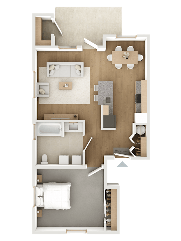 A top-down view of a house floor plan with a kitchen, living room, and bedrooms.