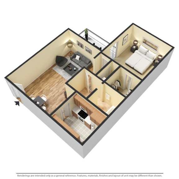 A 3D rendered image of a house layout.