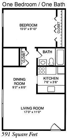 A floor plan of a one bedroom/one bath apartment measuring 591 square feet.