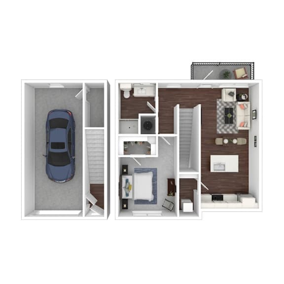 A blue car is parked in the garage of a two-story house.