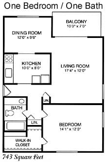 A floor plan of a one bedroom, one bath apartment.