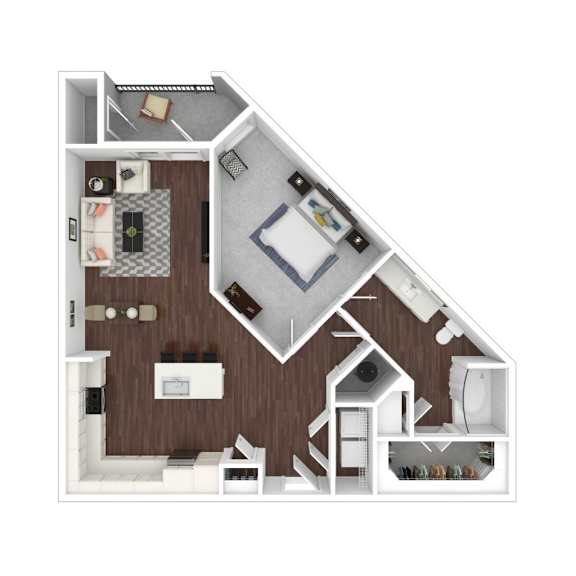 A 3D floor plan of a house with a kitchen, living room, and bedrooms.