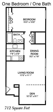 A floor plan of a one bedroom/one bath apartment.