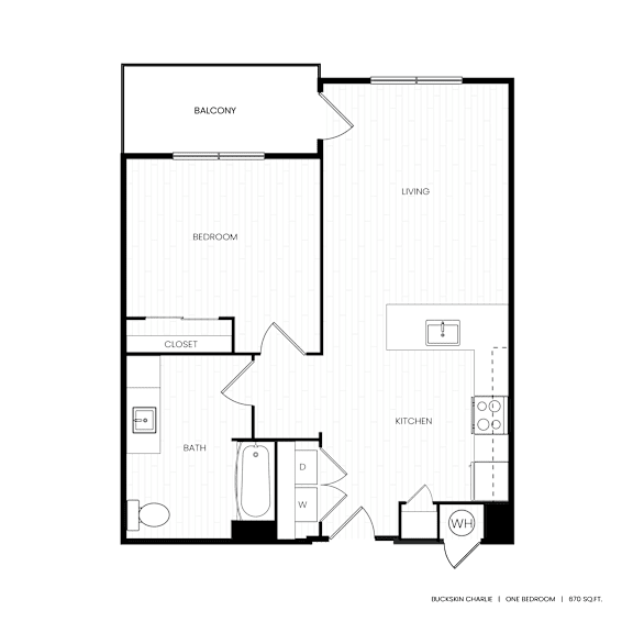 A floor plan of a one bedroom apartment with a balcony.