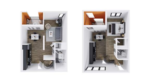 A top down view of a small apartment with a kitchen, living room and bedroom.
