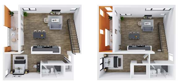 Two images of a small apartment layout with a kitchen, living room, and bedroom.