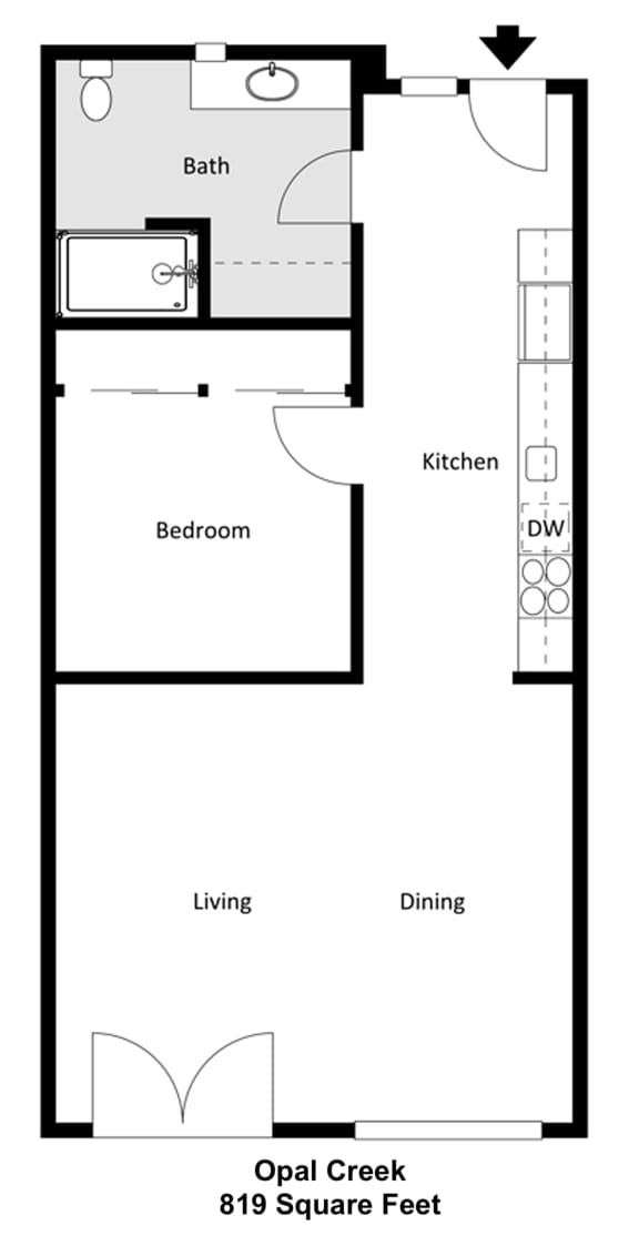 a floor plan of a small house with an open kitchen and a living room