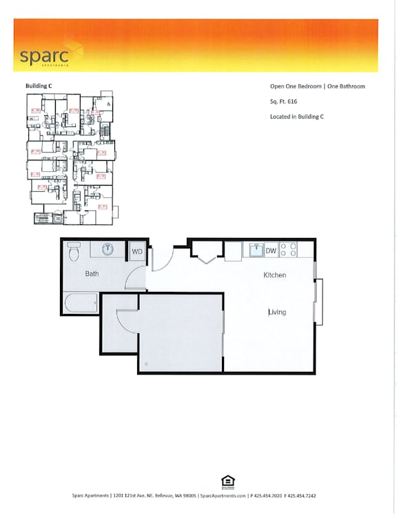 A floor plan for a Sparc apartment showing the layout of Building C with one bedroom and one bathroom.