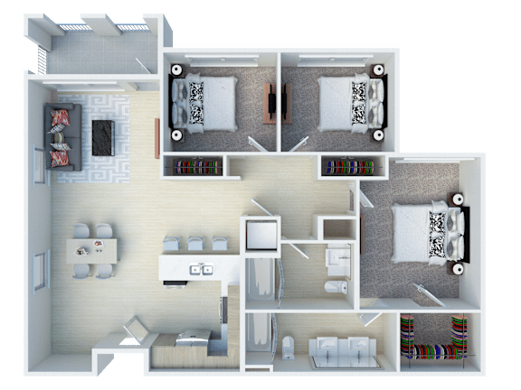 A 3D floor plan of a small apartment with two bedrooms and a living area.