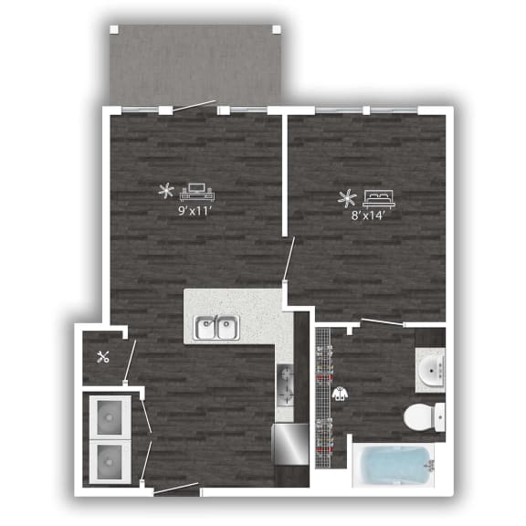 a floor plan of a small apartment with a bedroom and a bathroom