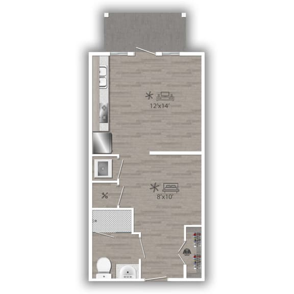 a floor plan of a studio apartment with wood paneling