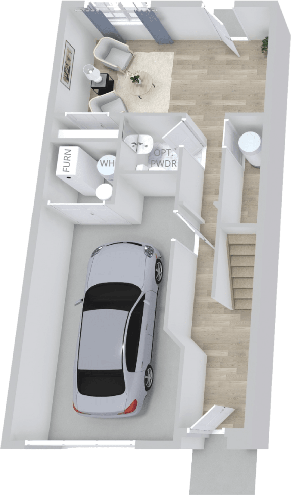 an aerial view of a car parked in a living room