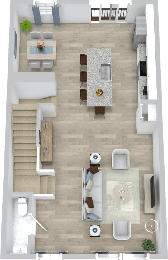 a 3d rendering of a floor plan with a bedroom and a living room