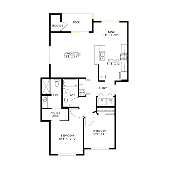 A floor plan of a house with a living room, dining room, kitchen, two bathrooms, a bedroom, and a deck.