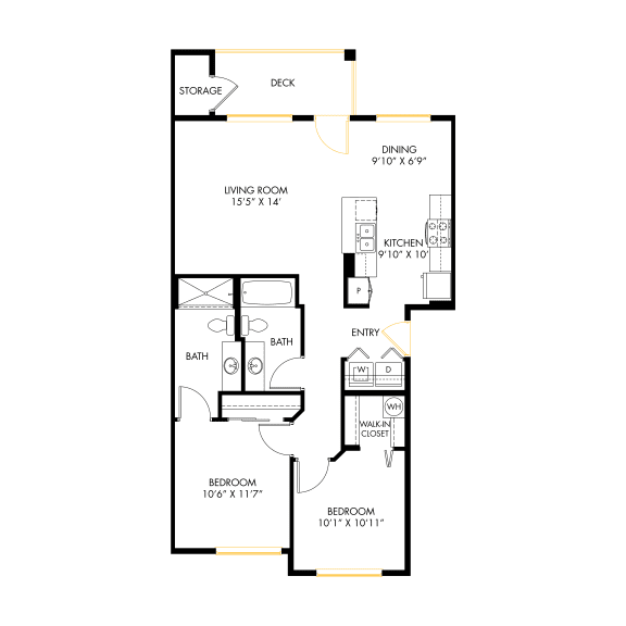 A floor plan of a house with a deck and a dining area.