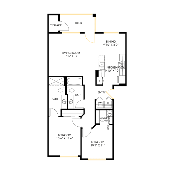 A floor plan of a house with a deck and a dining area.