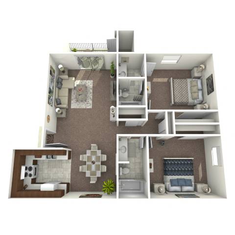 A 3D image of a house layout with a kitchen, living room, and bedrooms.