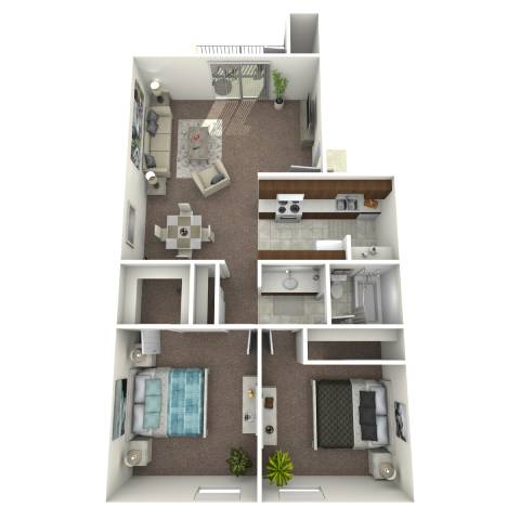 A 3D floor plan of a house with a kitchen, living room, dining room, and bathroom.