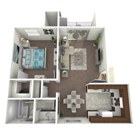 A 3D floor plan of a small apartment with a kitchen, living room, and bathroom.