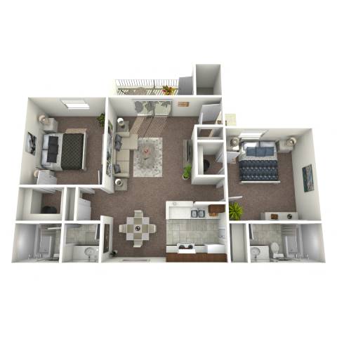 A 3D rendered image of a small apartment layout.