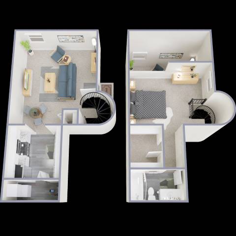 Two images of a dollhouse interior.