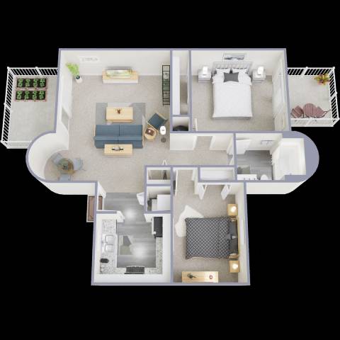 A 3D floor plan of a house with a kitchen, living room, and bedrooms.