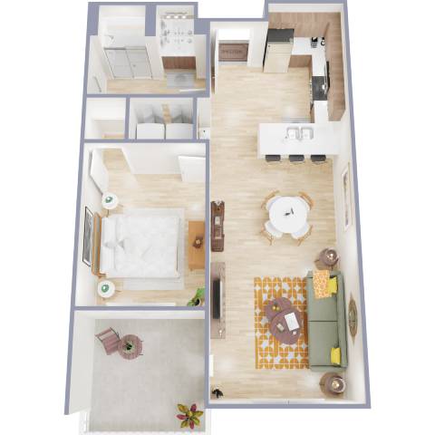 A top-down view of a house layout with a kitchen, living room, and dining area.