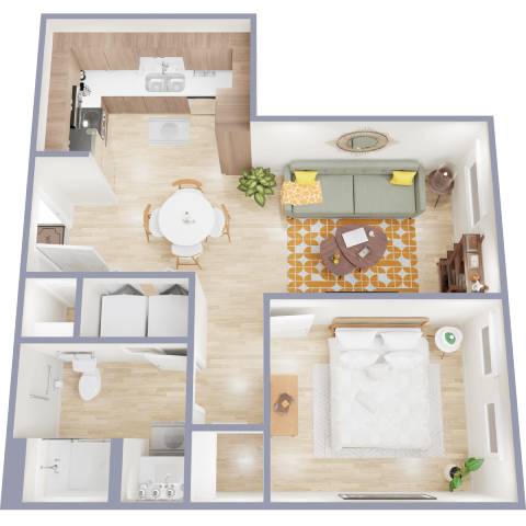 A top-down view of a house layout with a kitchen, living room, dining area, and bathroom.