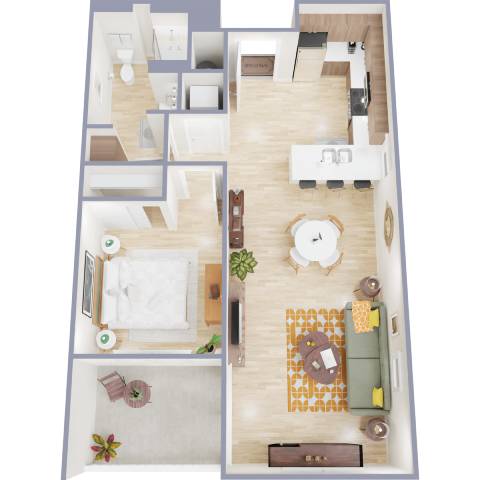 A floor plan of a house with a kitchen, living room, and bathroom.
